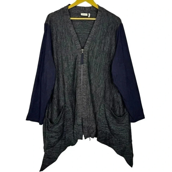 LOGO Asymmetric Zip Cardigan Jacket 2X Gray Knit Faux Suede Lagenlook Grunge - Picture 1 of 8